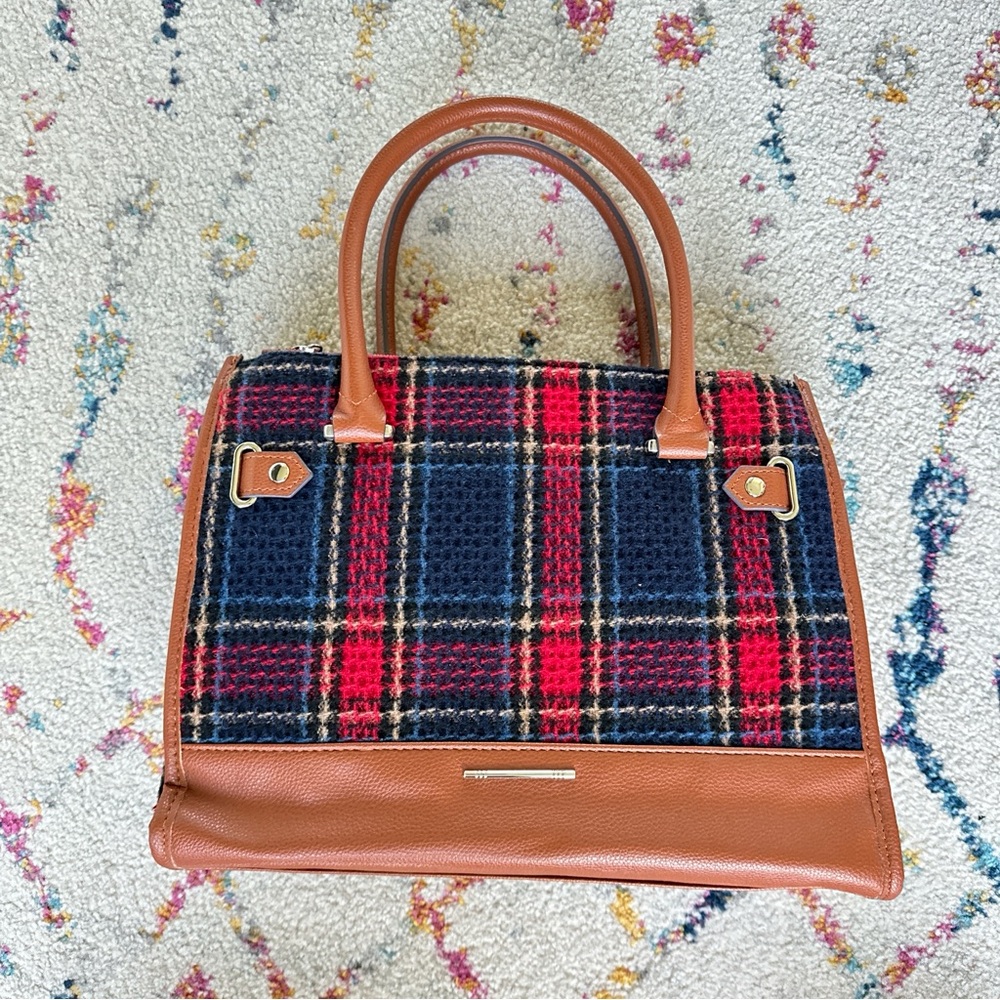 Red and Blue plaid and faux leather bag